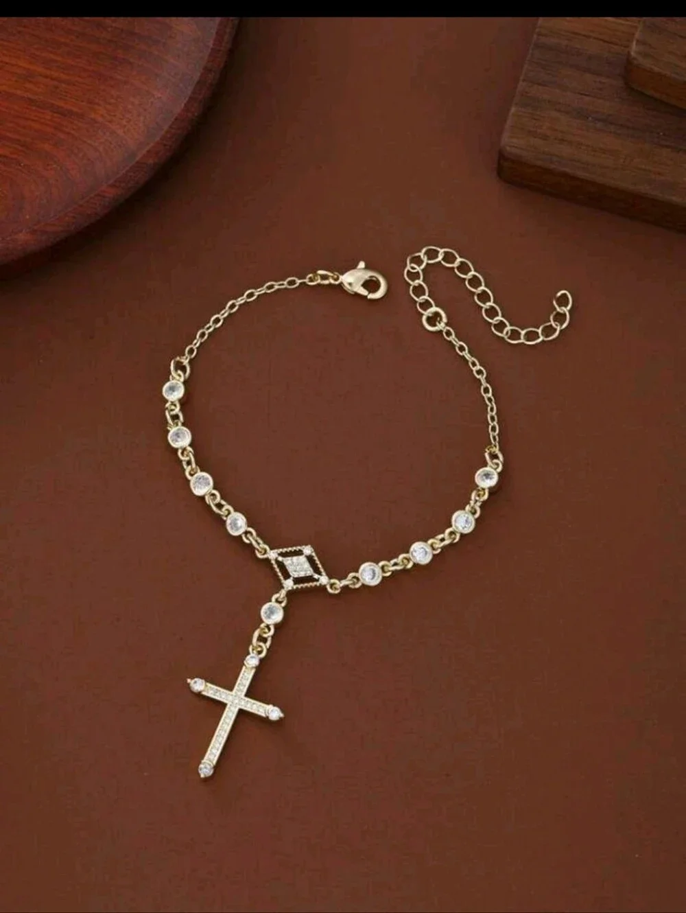 Gold Cross Charm Bracelet with Clear Stones